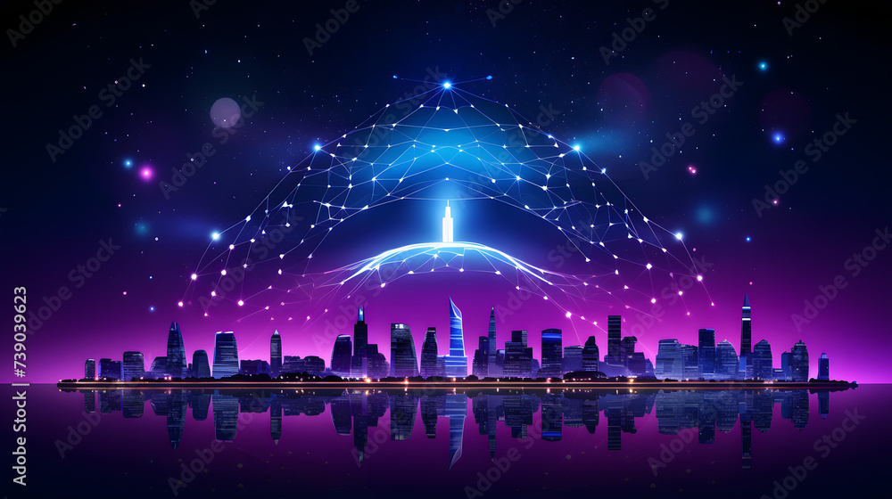 the city skyline with buildings and constellation lights in the dark sky