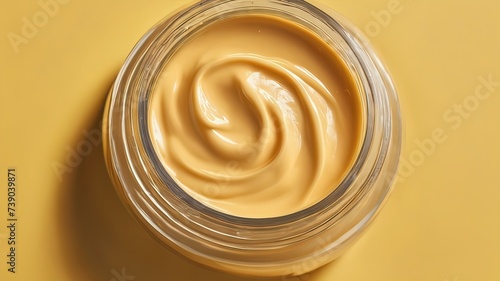 Jar of cream on yellow background, top view. Skin care product