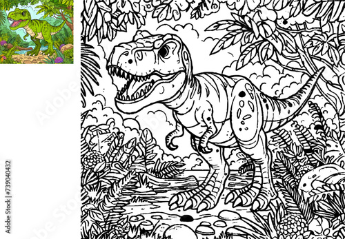 Coloring book for children with a dinosaur hand painted in cartoon style, tyrannosaurus, brontosaurus