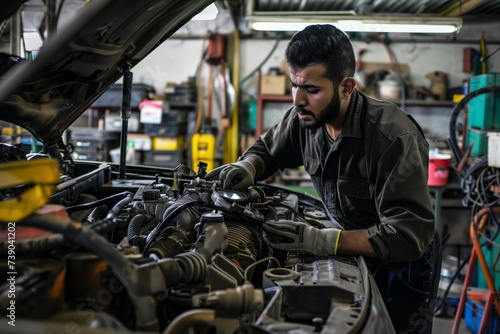 Middle Eastern mechanic working on car engine in auto repair shop