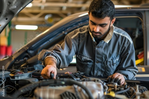 Middle Eastern mechanic working on car engine in auto repair shop
