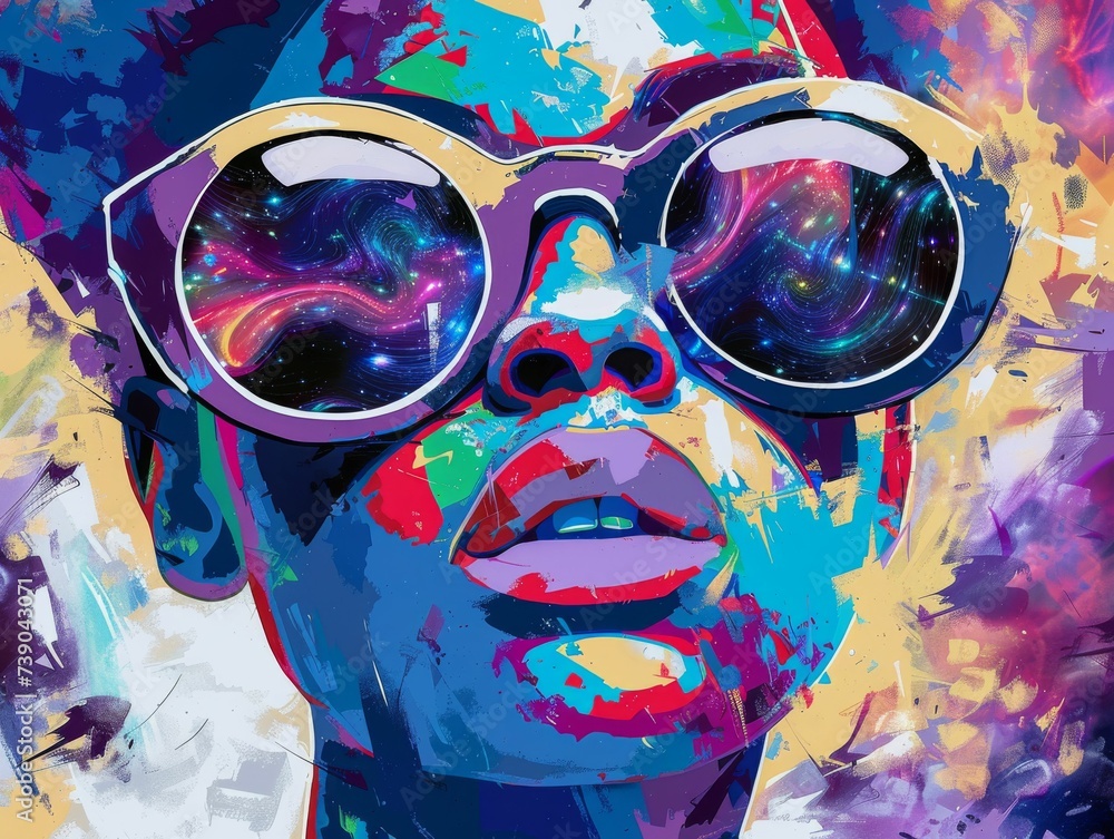 Pop art portrait model with sunglasses a galaxy swirling in the broken lens vibrant and bold Pop art portrait model with sunglasses a galaxy swirling in the broken lens vibrant and bold