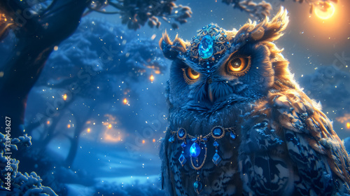Mystical owl adorned with crystal earrings, wearing a cloak of midnight feathers, amidst enchanted woods, lit with moonlit glow, emanating wisdom and magic