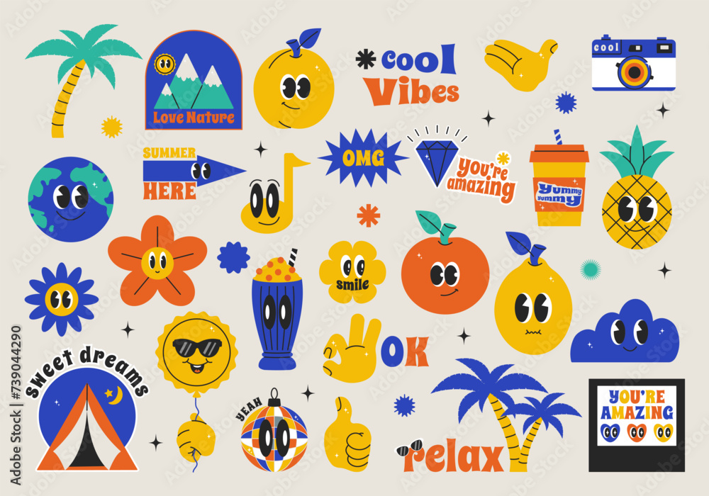 Summer character chat in retro groovy mood. Bundle  shape and icon with comic quote slogan. Vector abstract emblem in trendy color 90s