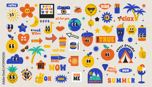 Summer character chat in retro groovy mood. Bundle cool patch with comic quote slogan. Vector art in trendy color 90s
