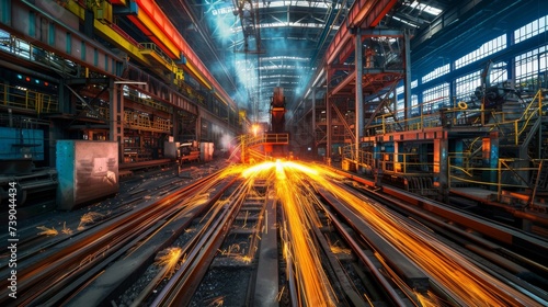 Dynamic Industrial Symphony  Automated Precision Metalworking  High-Speed Manufacturing and Heavy Machinery at Work in Steel Manufacturing Technologically Advanced Factories
