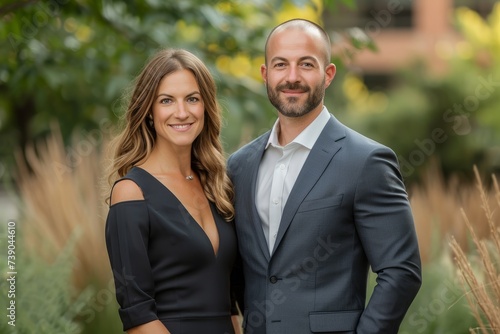 Professional Real Estate Agent Team in Natural Setting A professional male and female real estate agent team, dressed in formal attire, showcasing confidence and partnership outdoors. 