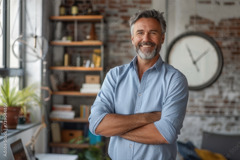 Confident Entrepreneur in Modern Home Office
A mature businessman stands with arms crossed, smiling confidently in a well-decorated, contemporary home office setting.
Confident Entrepreneur in Modern Home Office
A mature businessman stands with arms crossed, smiling confidently in a well-decorated, contemporary home office setting.