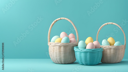 3D Colorful Easter Eggs Resting in Woven Wicker Basket against Background of Soft Blue Pastel. Conceptualizing a Simple Modern Minimalist Copy Space Easter Day Good Friday Banner. photo