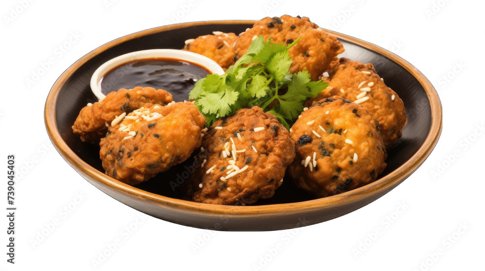 A plate of deep-fried breaded ball appetizers with sesame seeds and cilantro garnish, served with a dipping sauce. A plate of deep-fried breaded ball appetizers with sesame seeds and cilantro garnish, served with a dipping sauce.