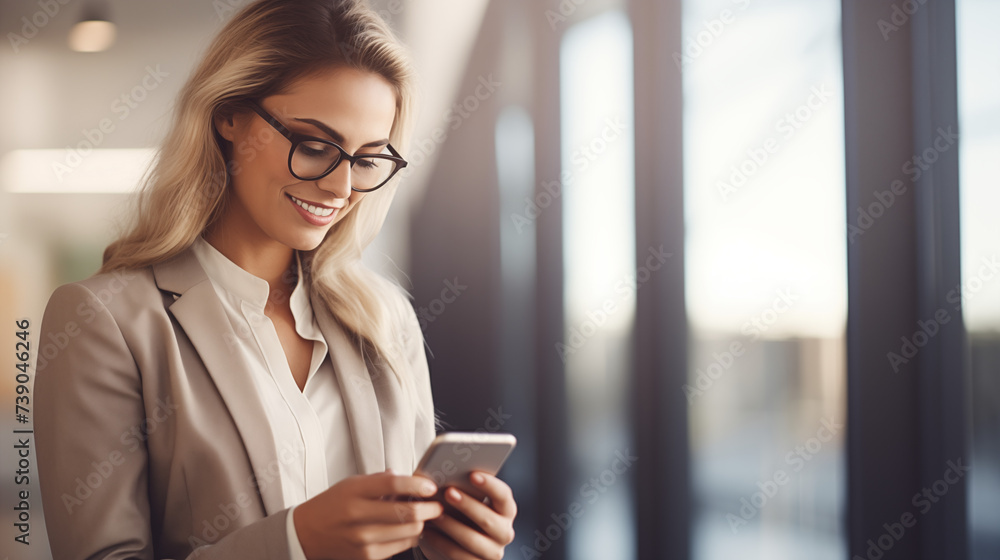 Young Professional Business Woman Smiling And Looking At Her Phone Young Professional Business Woman Smiling And Looking At Her Phone