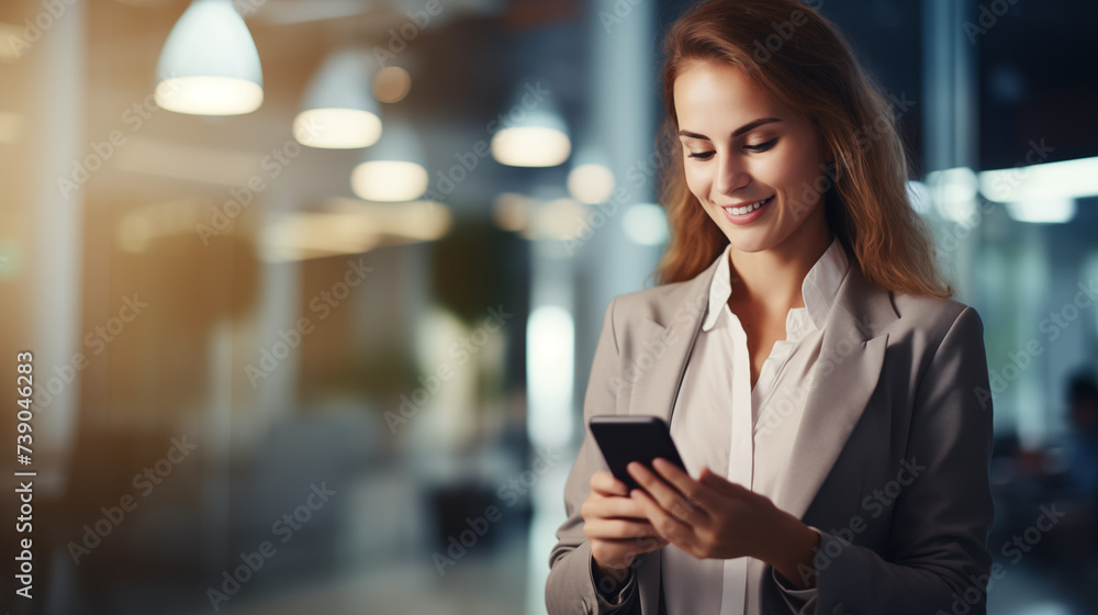 Young Professional Business Woman Smiling And Looking At Her Phone Young Professional Business Woman Smiling And Looking At Her Phone