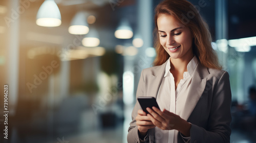 Young Professional Business Woman Smiling And Looking At Her Phone