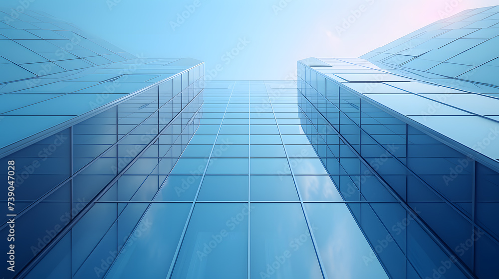 View of a contemporary glass skyscraper reflecting the blue sky View of a contemporary glass skyscraper reflecting the blue sky