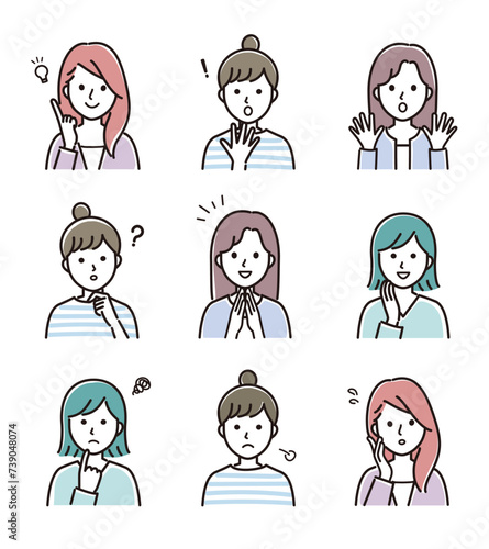 いろいろな表情の女性のベクターイラスト