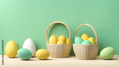 3D Colorful Eggs Arranged Inside Woven Wicker Basket with Green Pastel Background. Depicting a Simple Modern Minimalist Banner Concept for Easter Day Good Friday. photo