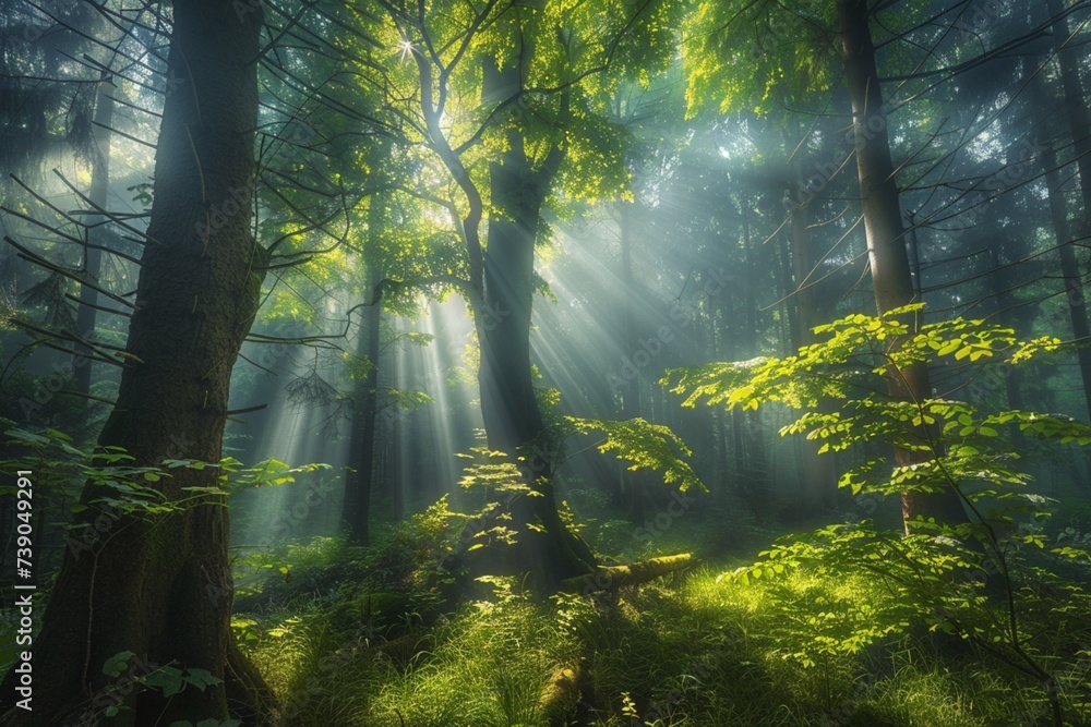 Fototapeta premium A dense forest reveals a magical world of emerald foliage, where sunlight plays hide and seek amidst the towering trees