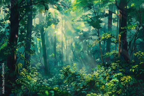 A dense forest reveals a magical world of emerald foliage  where sunlight plays hide and seek amidst the towering trees