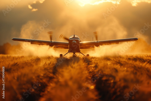 Crop duster plane spraying an agricultural field