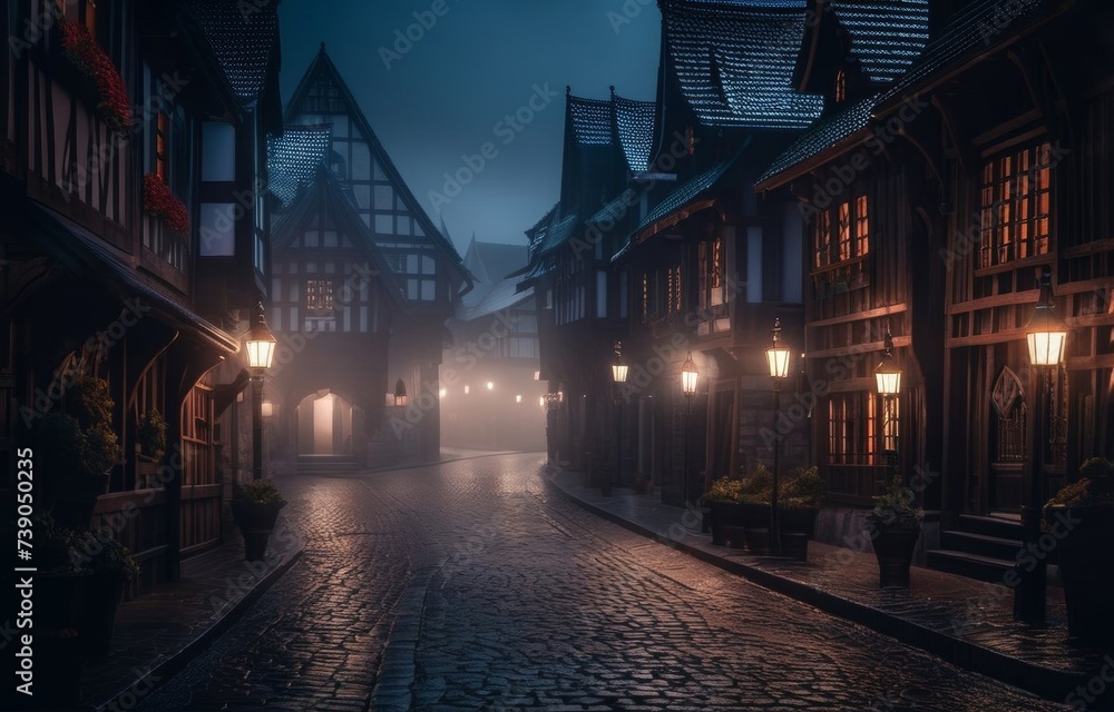 the street of amedieval fantasy town, at dawn, dark, 4k, highly detailed, magic, epic composition, cinematic light, beautiful