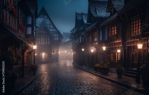 the street of amedieval fantasy town  at dawn  dark  4k  highly detailed  magic  epic composition  cinematic light  beautiful