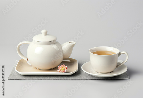 Teapot and cups on wooden table
