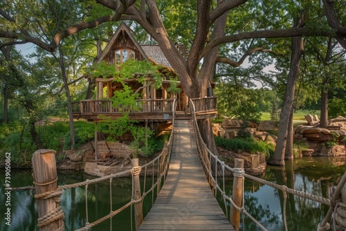 A whimsical treehouse perched high in the branches above a secluded lake, accessible only by a rope bridge, with a cozy interior offering stunning views and a sense of adventure