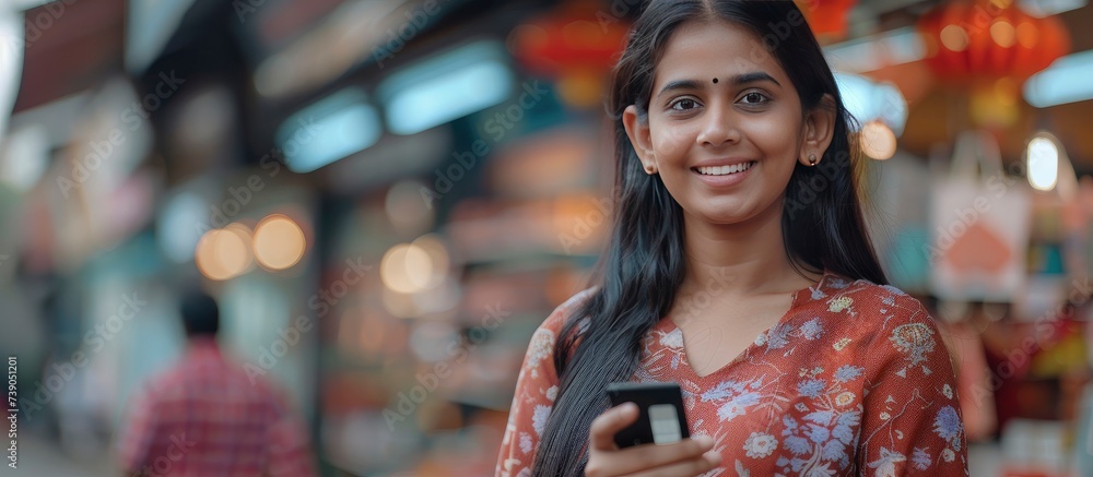 Attractive Indian Woman Makes Online Purchases, Paying by Card Through a Marketplace Website and E-Services