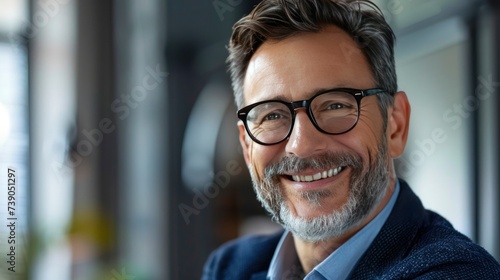 Seasoned Success, Smiling 45 Year Old Banker and Mid Adult Businessman CEO in Office Headshot