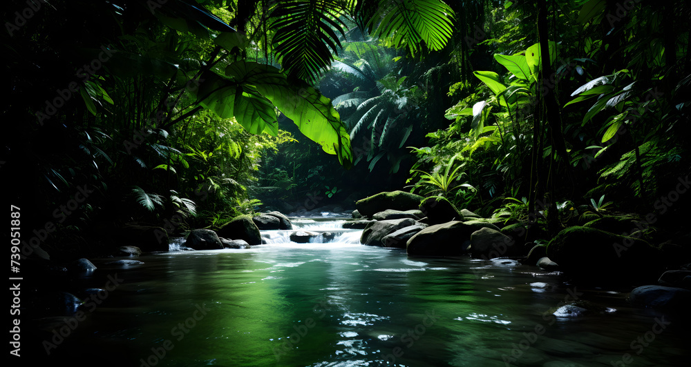 a stream surrounded by lush vegetation near some rocks - obrazy, fototapety, plakaty 