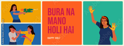 Indian festival elements with women celebrating Holi festival vector editable hand-drawn illustration set design,
Bura Na Mano Holi Hai means Happy Holi  photo