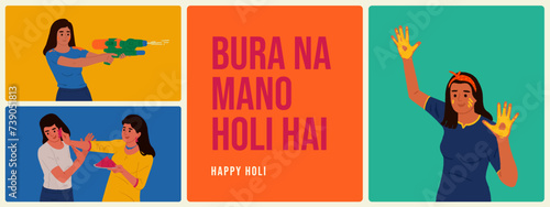 Indian festival elements with women celebrating Holi festival vector editable hand-drawn illustration set design,
Bura Na Mano Holi Hai means Happy Holi 