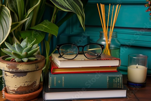 Books stack, eyeglasses, house plants succulents and fragrant candle and sticks. Background for World Book Day. Still life with stack of colorful books and home interior decor - generative ai photo