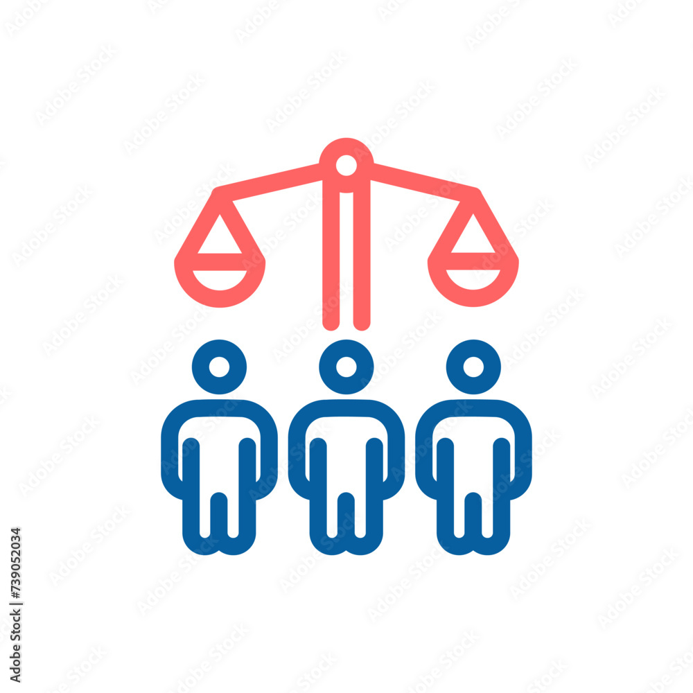 Vector Icon of People with Balanced Scale: Thin Line Illustration for Justice and Equality. Vector Icon of People with Balanced Scale: Thin Line Illustration for Justice and Equality.