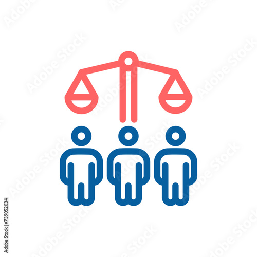 Vector Icon of People with Balanced Scale: Thin Line Illustration for Justice and Equality.