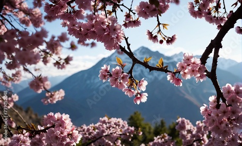 cherry blossoms in bloom in front of mountains. Generative AI.