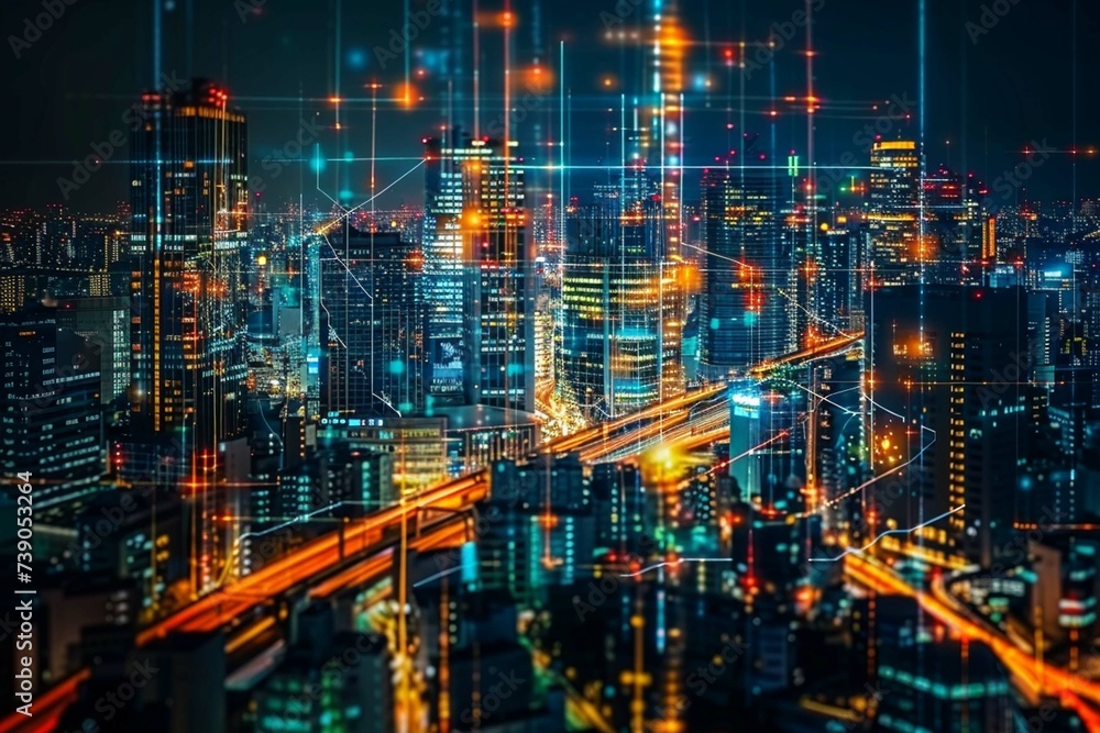 Smart city and abstract polygon pattern connection with speed line light, big data connection technology concept .
