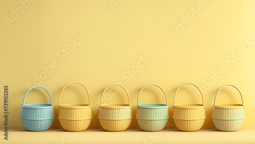 3D Woven Basket and Colorful Eggs Isolated on Background of Soft Yellow Pastel. Conveying a Modern Banner Concept for Easter Day Good Friday.