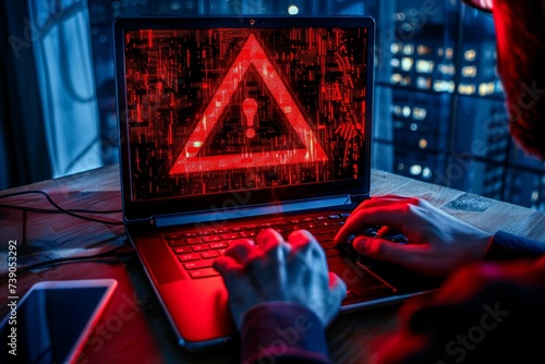 System hacked warning alert. Person use laptop with virtual warning sign for cyber attack. Ransomware, Virus, Spyware, Malware or Malicious software, Data breach, Cyber security and cybercrime