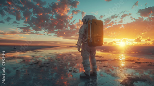 Astronaut with yellow travel suitcase looking at blank advertising billboard at airport, display blank screen or signboard mockup for offers or advertisement, copy space,generative ai photo