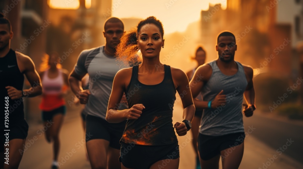 Group of young people in sportswear are running in the road. Group of young people in sportswear are running in the road.