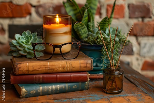 Books stack, eyeglasses, house plants succulents and fragrant candle and sticks. Background for World Book Day. Still life with stack of colorful books and home interior decor - generative ai