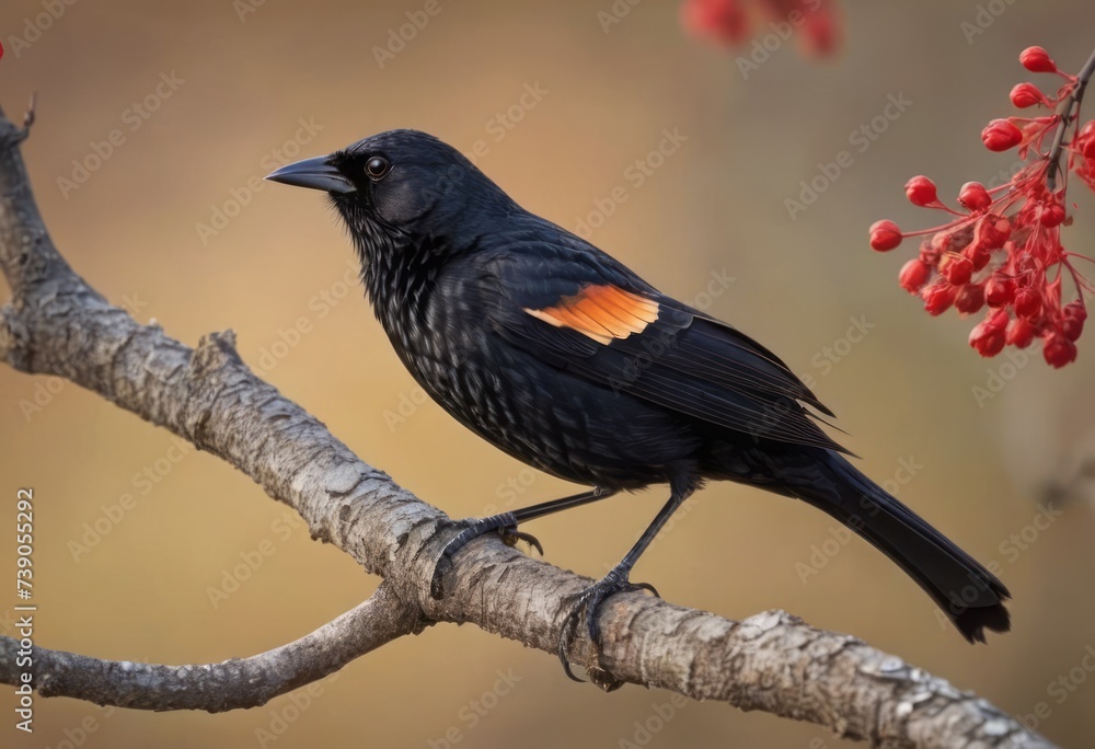 Fototapeta premium Red-winged Blackbird on a Serene Autumn Day
