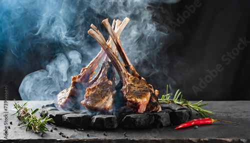 Fresh Cooking of Lamb meat with smoke and flame, closeup; barbecue concept meat fresh raw cut Generated AI