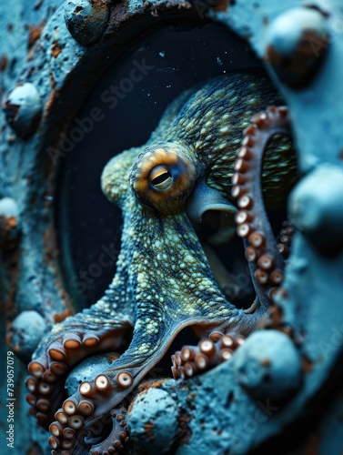 An octopus tentacle emerges from the deep-sea, curling through a porthole in a metallic surface. Generative AI.