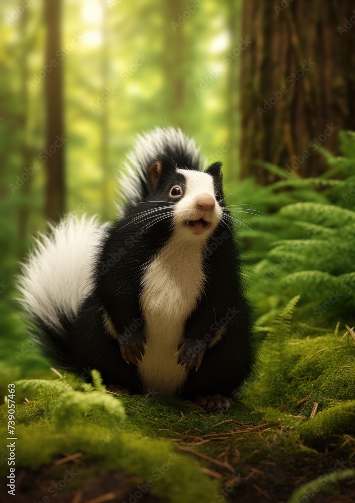 A black and white skunk sitting on the ground. Generative AI.
