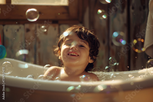 a little boy playing in a bathtub with bubbles