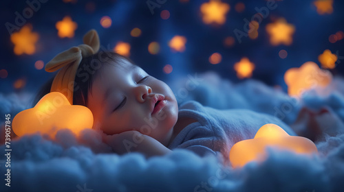 lullaby background with stars and baby girl sleeping with eyes closed in clouds created with Generative AI Technology