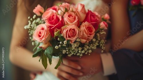 Beautiful wedding bouquet in hands of the bride and groom.