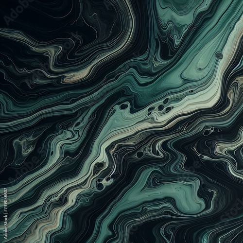 Fluid Art. Liquid dark green paint spreads in waves . Marble effect background or texture